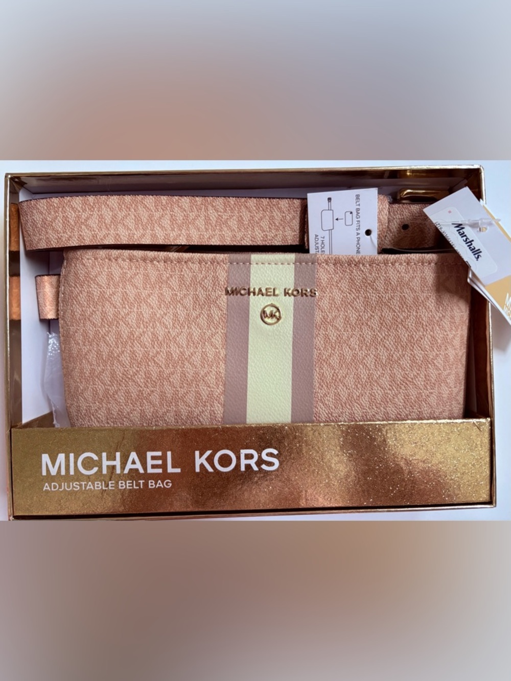 Michael Kors in Signature Logo Adjustable Pink& Cream Stripe Belt Bag S/M-NIB